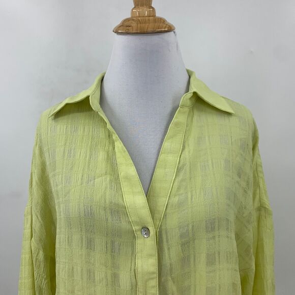 NewIn Shirt Womens M Medium Lime Light Semi Sheer Button Front Johnny Collar - Picture 3 of 15